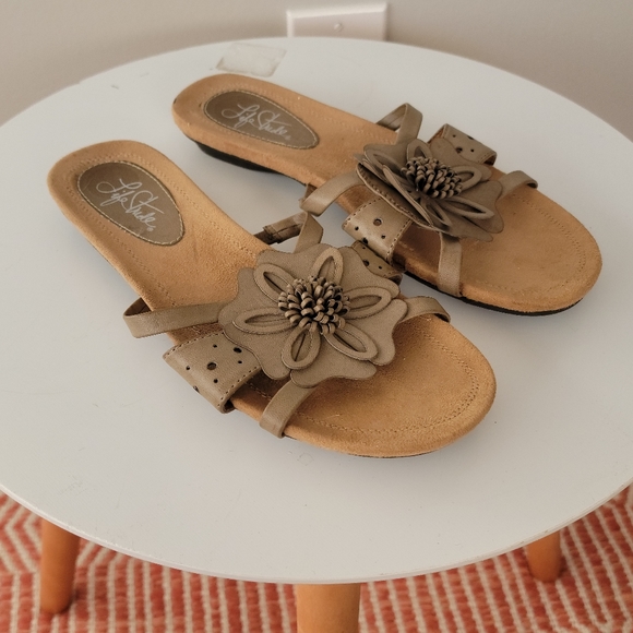 Flower Detail Slip On Sandals Taupe Leather - Picture 2 of 4